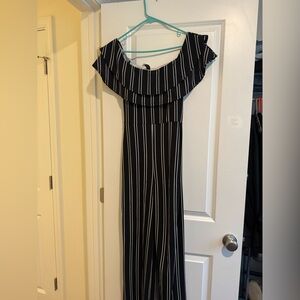 Black and White Striped Off-Shoulder jump suit